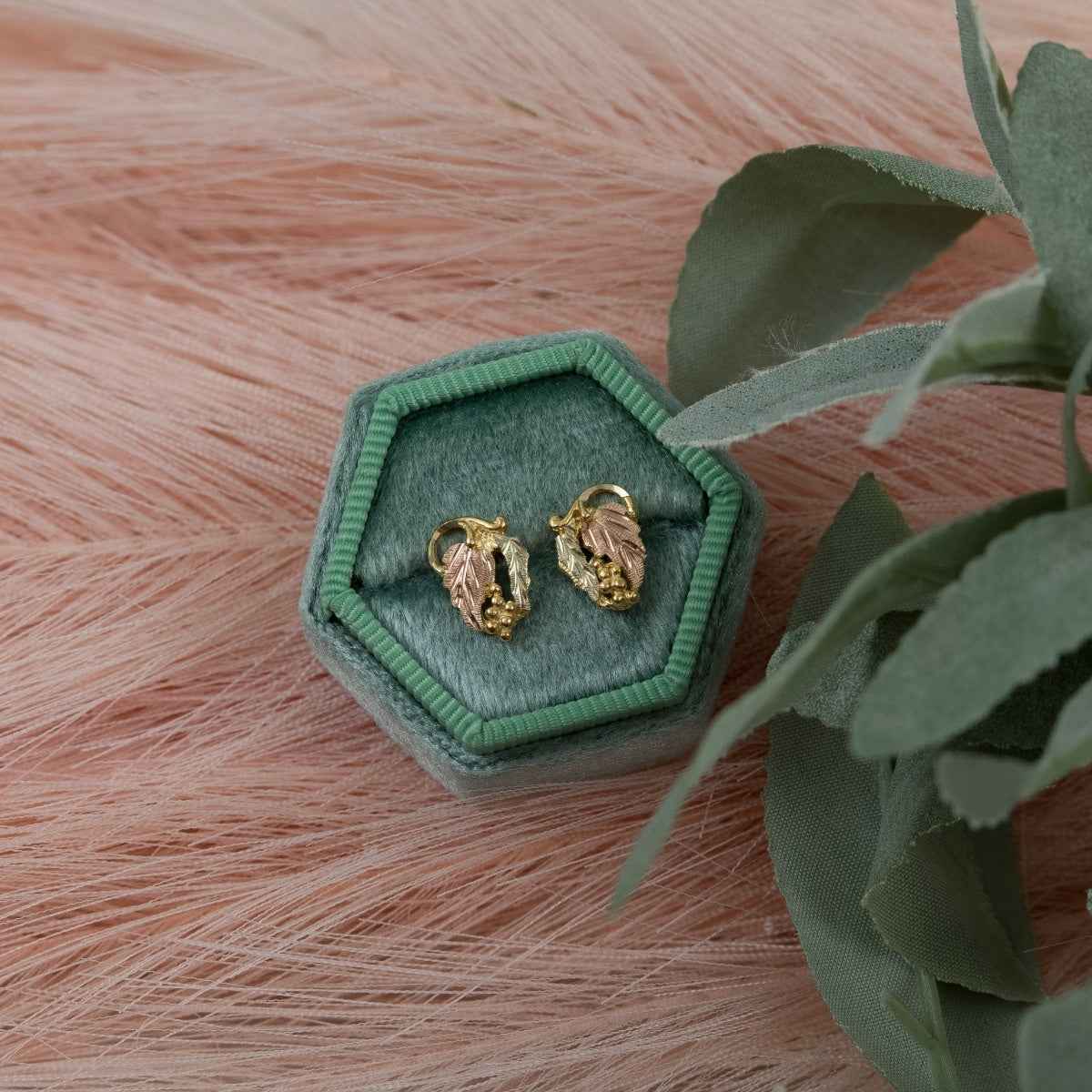 Black Hills Gold Small Grapevine & Double Leaf Cluster Earrings in 10K Yellow Gold front view