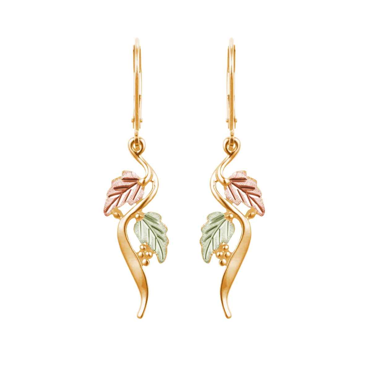 Black Hills Gold Grapevine Double Leaf Curved Dangle Earrings in 10K Yellow Gold