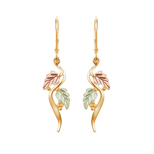 Black Hills Gold Grapevine Double Leaf Curved Dangle Earrings in 10K Yellow Gold