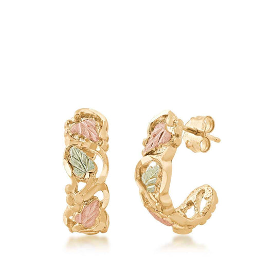 Black Hills Gold Diamond Cut Green & Pink Leaf J Hoop Earrings in 10K Yellow Gold