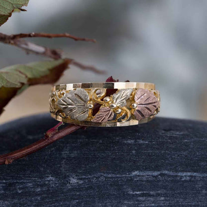 Black Hills Gold Diamond Cut Open Grapevine & Leaf Wedding Ring in 10K Yellow Gold front view