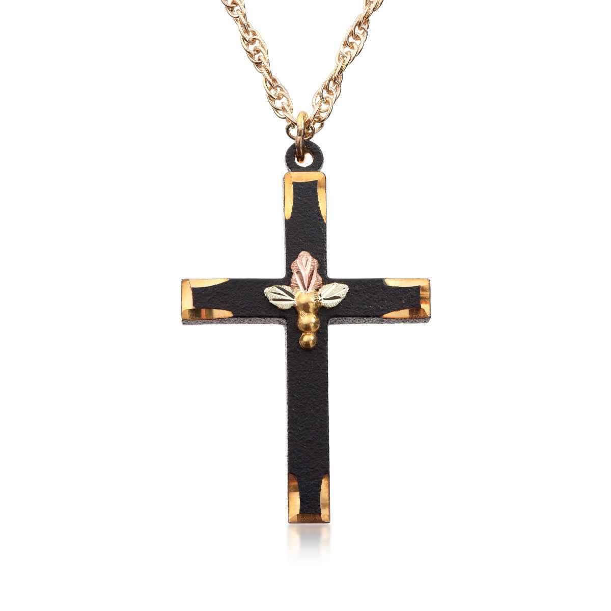 Black Hills Gold Triple Leaf & Grape Black Powder Coated Cross Pendant