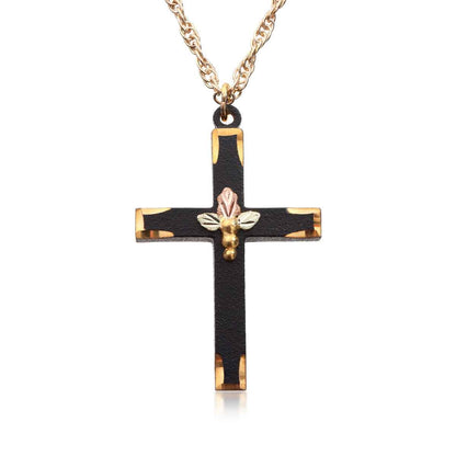 Black Hills Gold Triple Leaf & Grape Black Powder Coated Cross Pendant