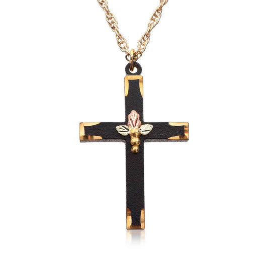 Black Hills Gold Triple Leaf & Grape Black Powder Coated Cross Pendant