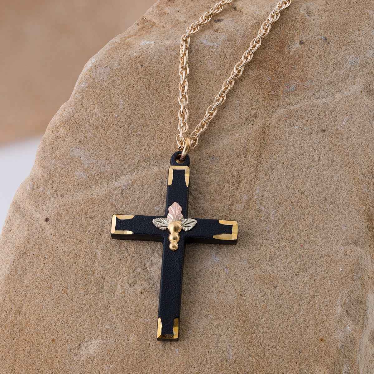 Black Hills Gold Triple Leaf & Grape Black Powder Coated Cross Pendant front view