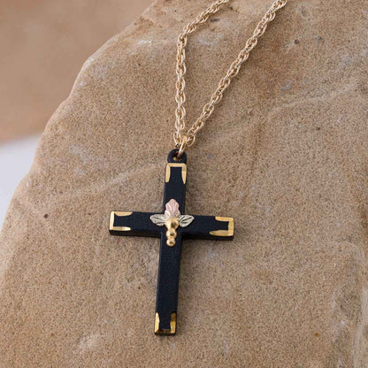 Black Hills Gold Triple Leaf & Grape Black Powder Coated Cross Pendant front view