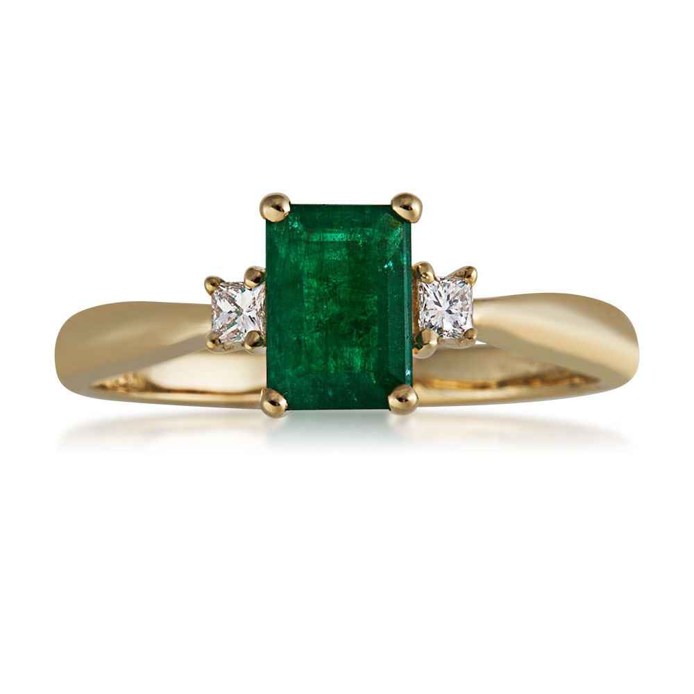 Genuine Emerald Cut Emerald Ring with 1/10 ct. tw. 2 Stone Diamond Accent in 14K Yellow Gold front view