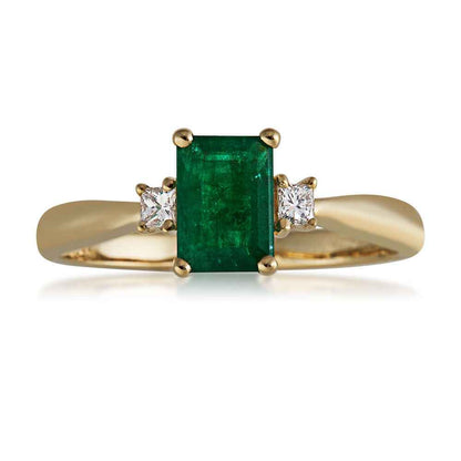 Genuine Emerald Cut Emerald Ring with 1/10 ct. tw. 2 Stone Diamond Accent in 14K Yellow Gold front view