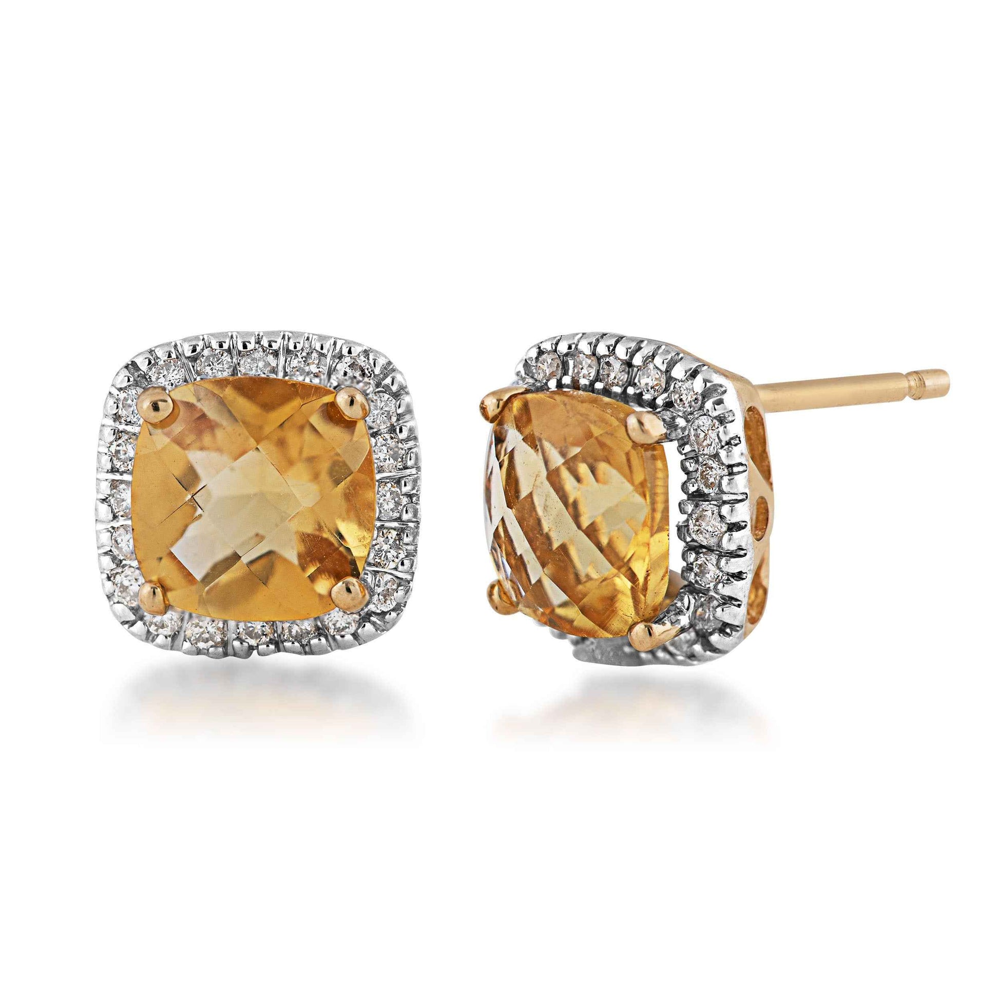 Genuine Cushion Cut Citrine Earrings with 1/6 ct. tw. Diamond Halo in 10K Yellow Gold