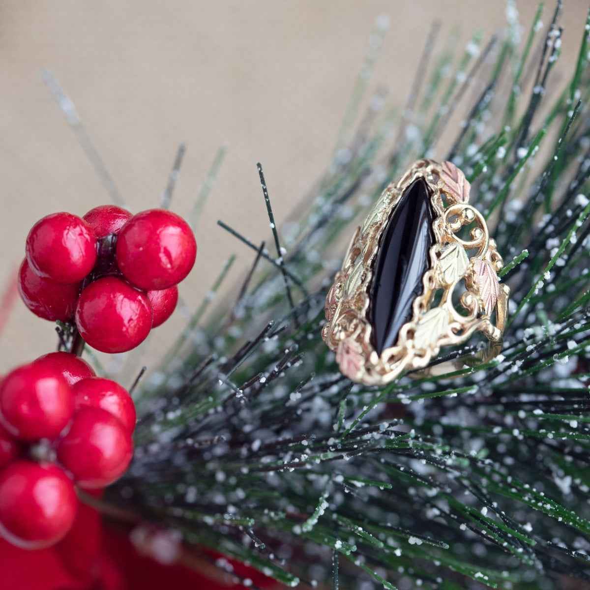 Black Hills Gold Marquise Onyx Filigree Ring in 10K Yellow Gold side profile
