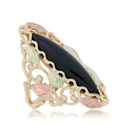 Black Hills Gold Marquise Onyx Filigree Ring in 10K Yellow Gold front view