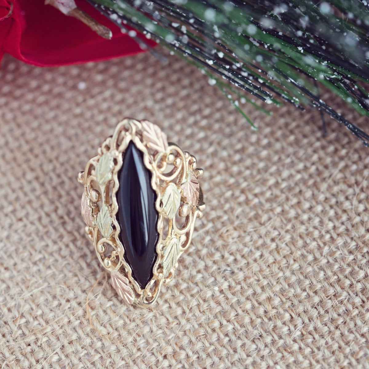 Black Hills Gold Marquise Onyx Filigree Ring in 10K Yellow Gold close-up detail