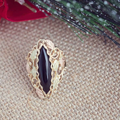 Black Hills Gold Marquise Onyx Filigree Ring in 10K Yellow Gold close-up detail