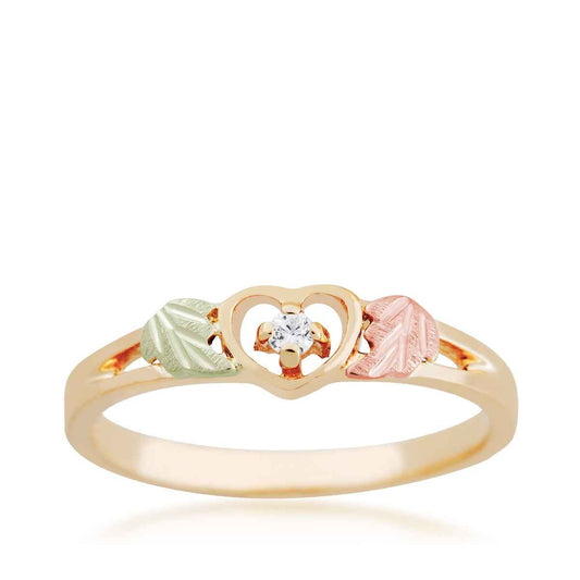 Black Hills Gold Round White Cubic Zirconia Heart Promise Ring in 10K Yellow Gold