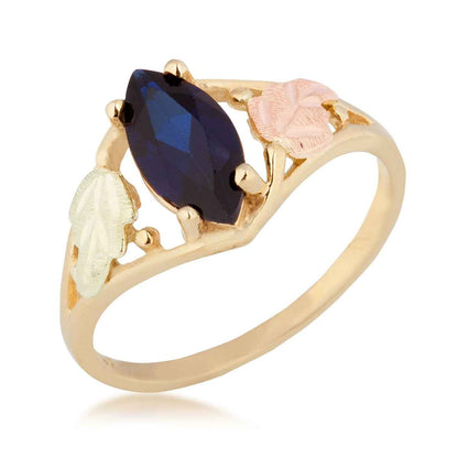 Black Hills Gold Created Marquise Sapphire Open Double Leaf Ring in 10K Yellow Gold front view