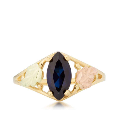 Black Hills Gold Created Marquise Sapphire Open Double Leaf Ring in 10K Yellow Gold close-up detail