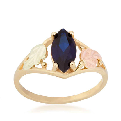 Black Hills Gold Created Marquise Sapphire Open Double Leaf Ring in 10K Yellow Gold