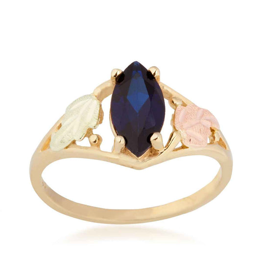 Black Hills Gold Created Marquise Sapphire Open Double Leaf Ring in 10K Yellow Gold