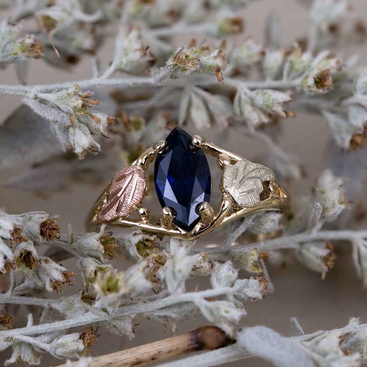 Black Hills Gold Created Marquise Sapphire Open Double Leaf Ring in 10K Yellow Gold side profile