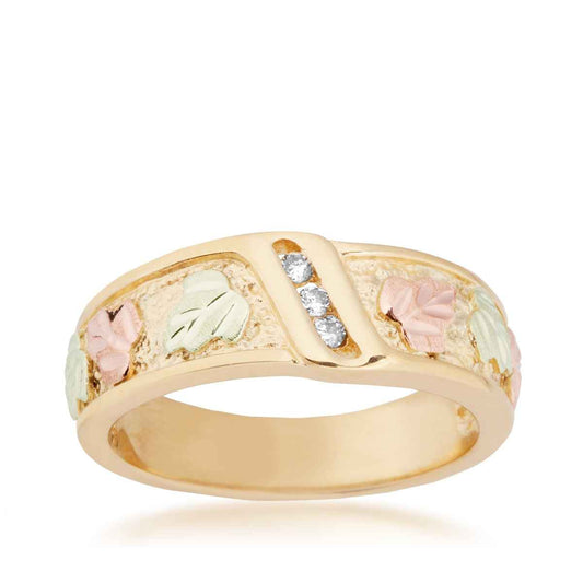 Black Hills Gold 3-Stone Diamond Accent Channel Set Textured Wedding Ring in 10K Yellow Gold
