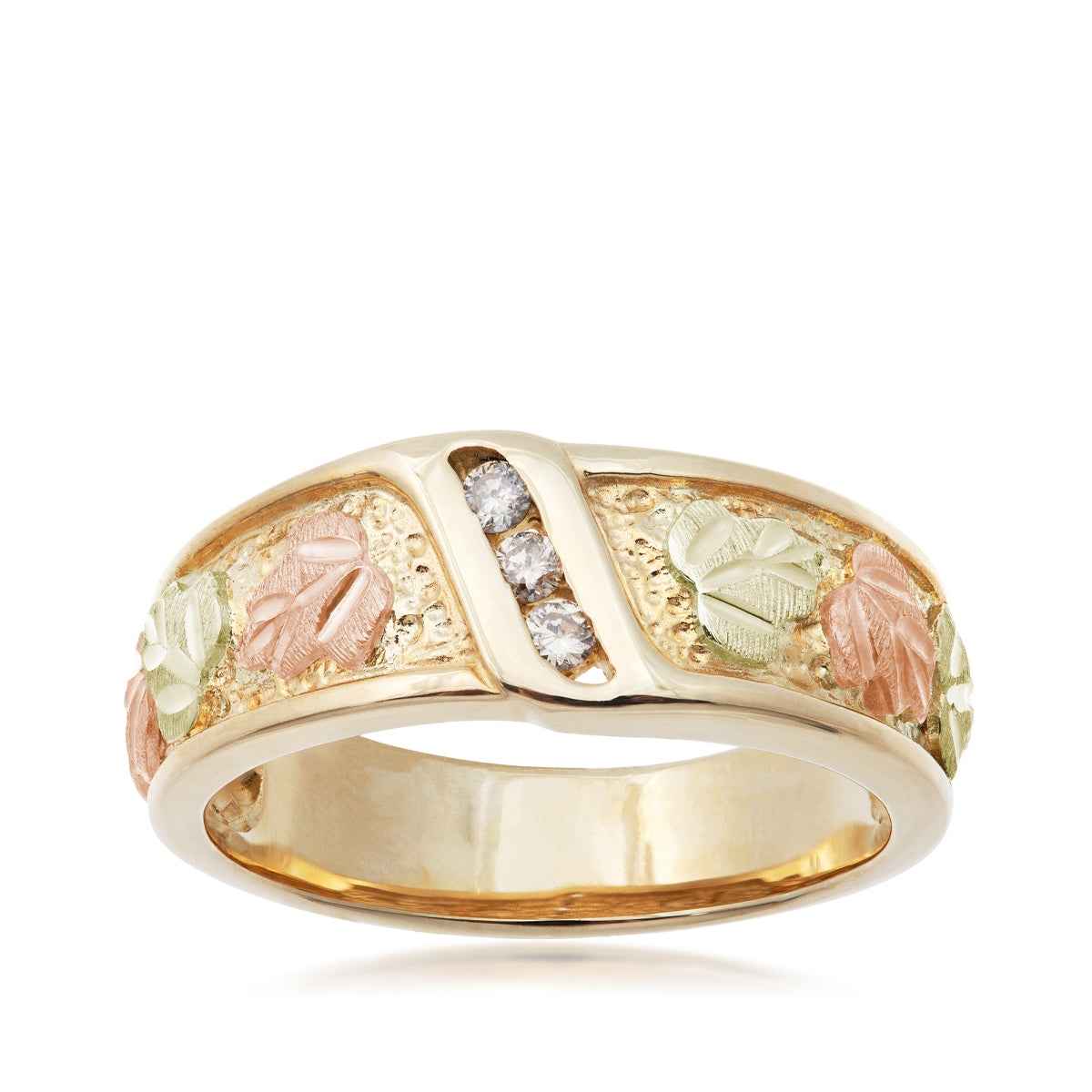 Black Hills Gold Men's 3-Stone Diamond Accent Channel Set Textured Wedding Ring in 10K Yellow Gold