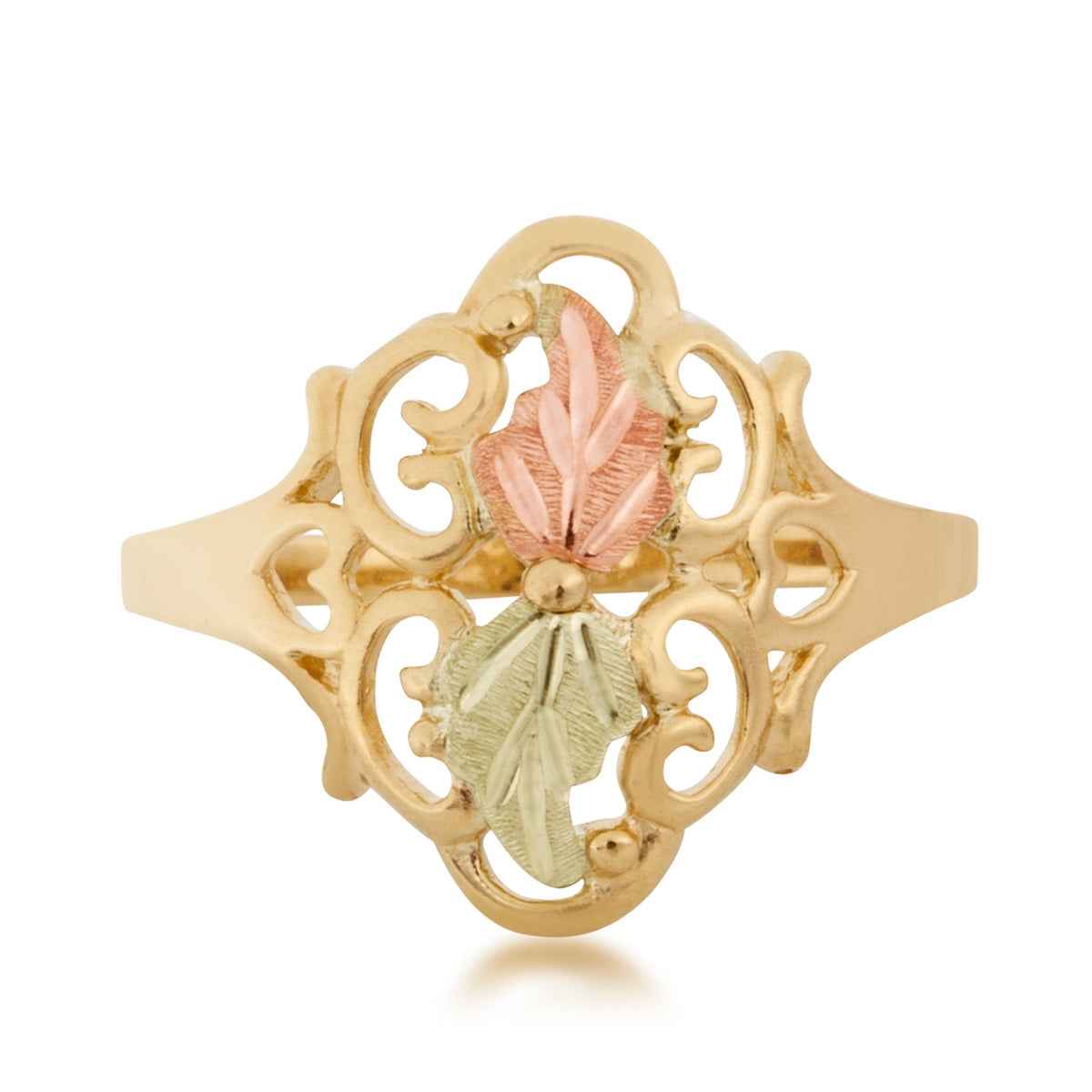 Black Hills Gold Double Leaf Vintage Filigree Ring in 10K Yellow Gold front view