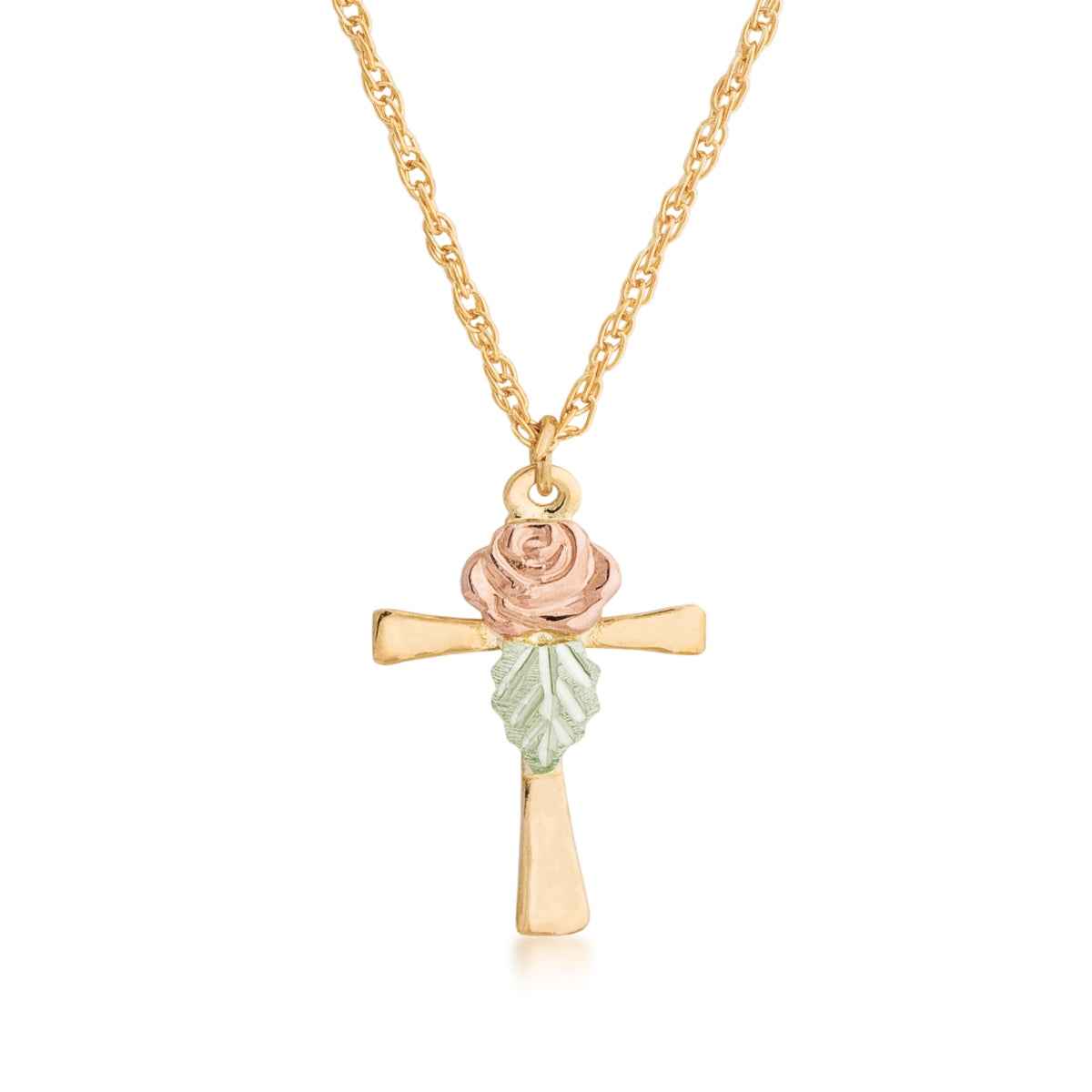 Black Hills Gold Rose & Green Leaf Cross Pendant in 10K Yellow Gold