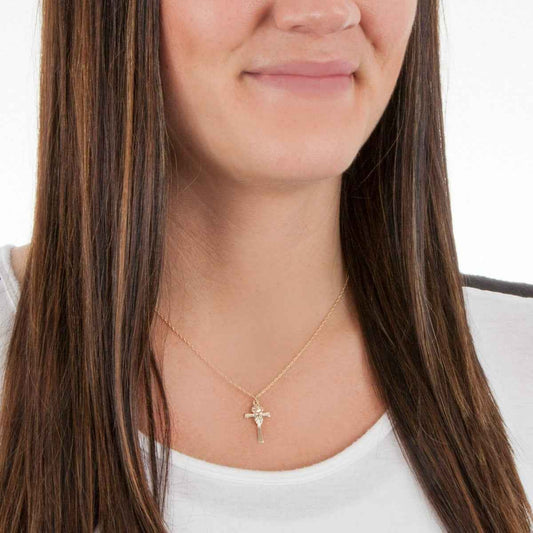 Black Hills Gold Rose & Green Leaf Cross Pendant in 10K Yellow Gold front view