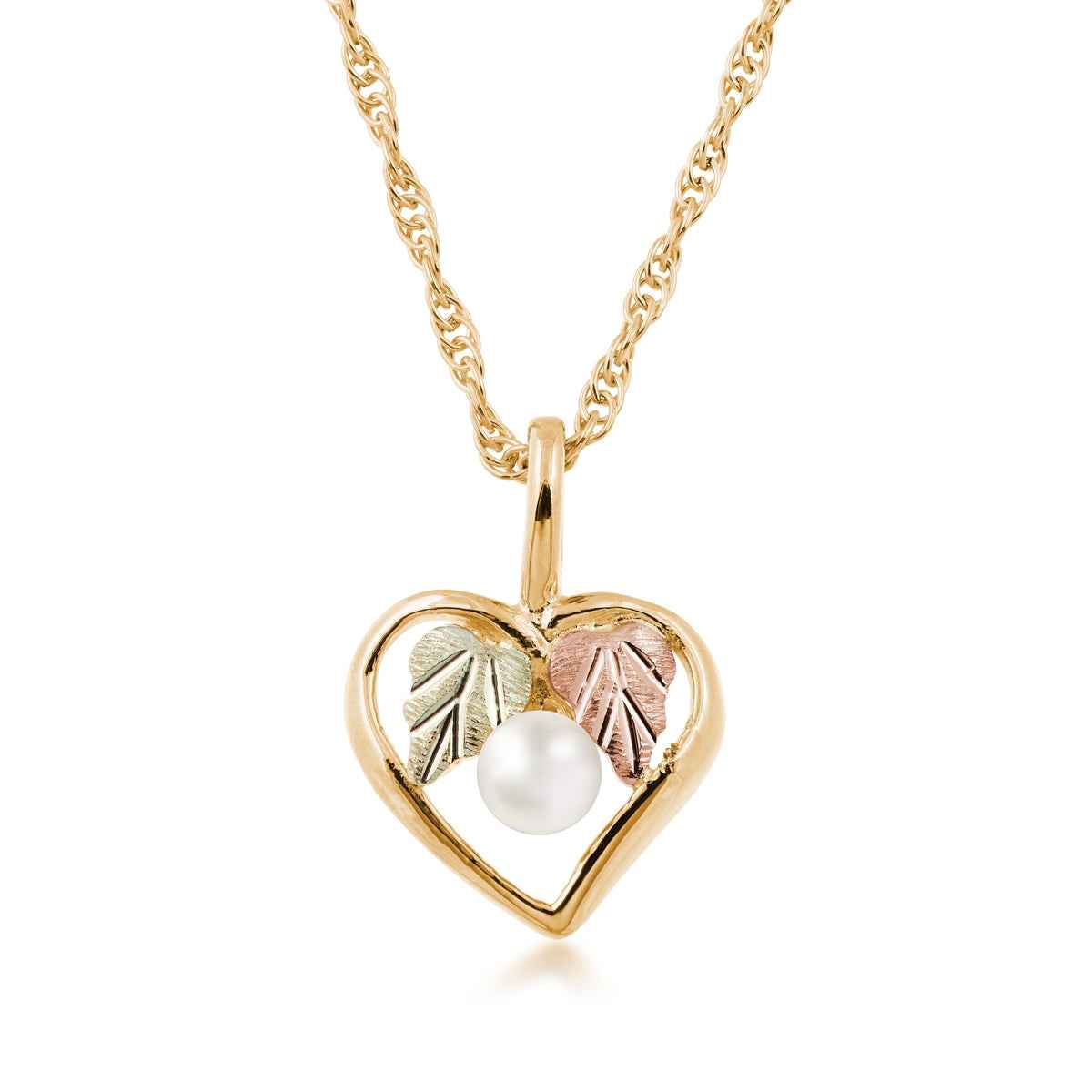 Black Hills Gold Cultured Freshwater Pearl & Double Leaf Heart Pendant in 10K Yellow Gold