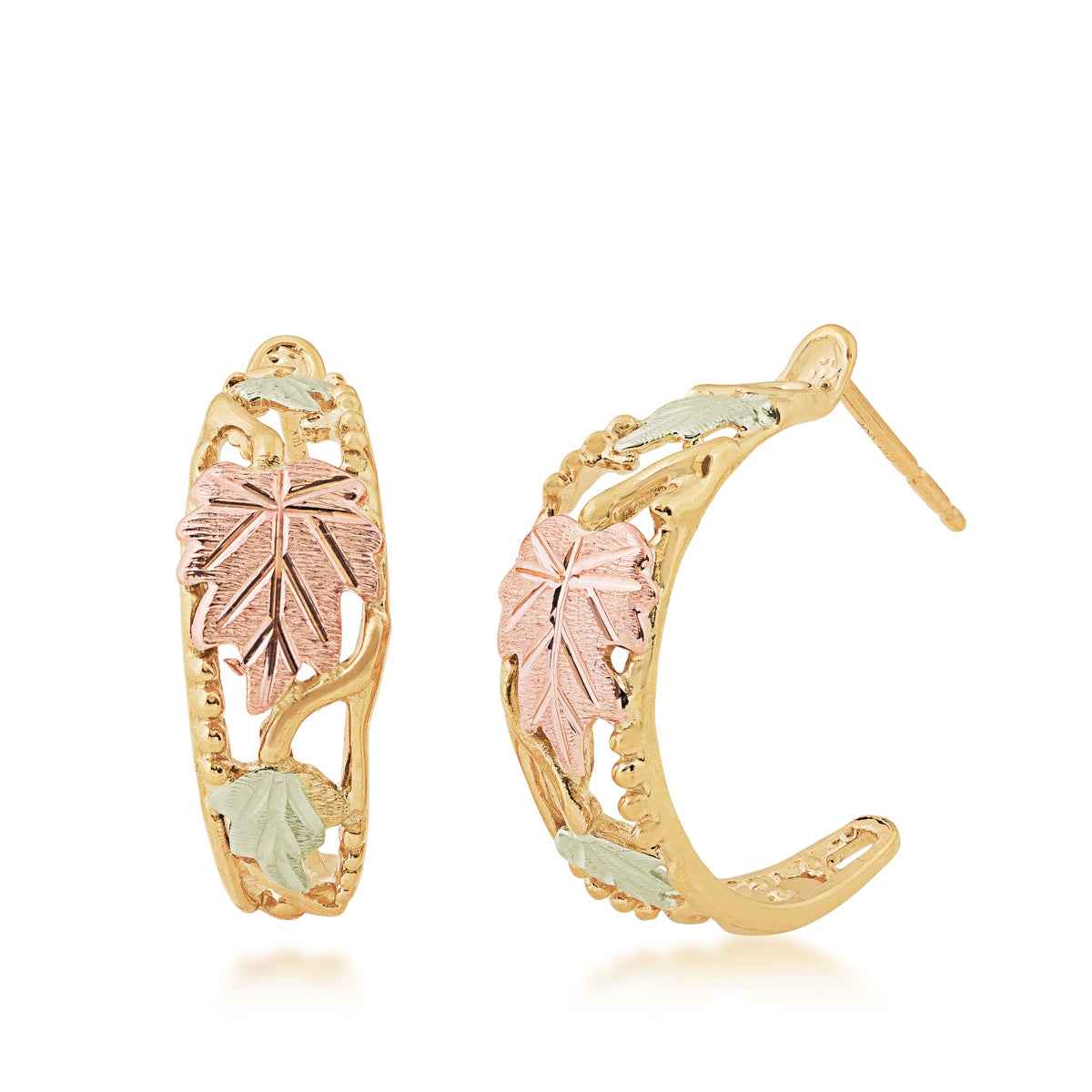 Black Hills Gold Pink & Green Leaf Vine J Hoop Earrings in 10K Yellow Gold