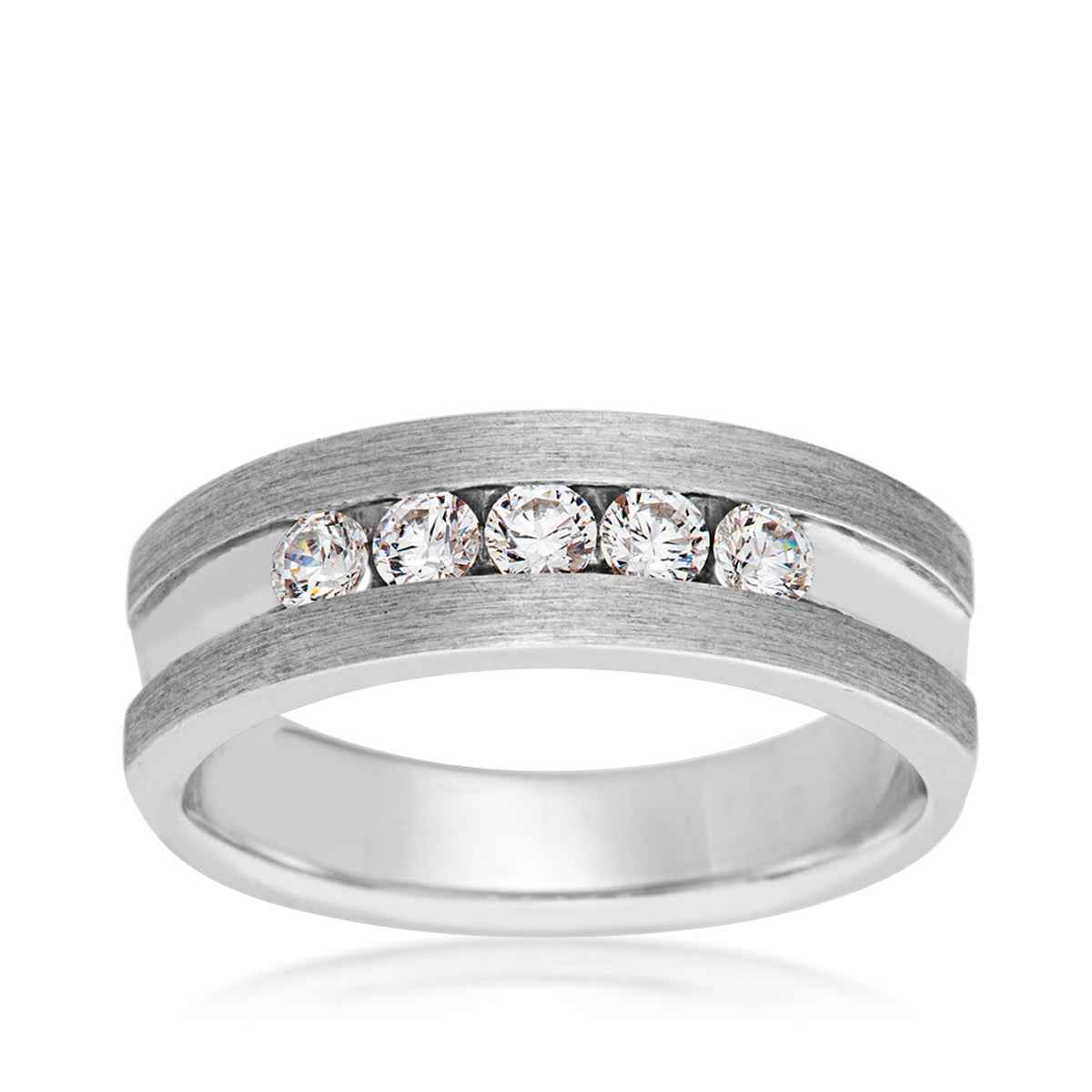 Men's 1/5 ct. tw. Round Brilliant 5-Stone Channel-Set Diamond Wedding Band with Brushed Sides in 10K White Gold