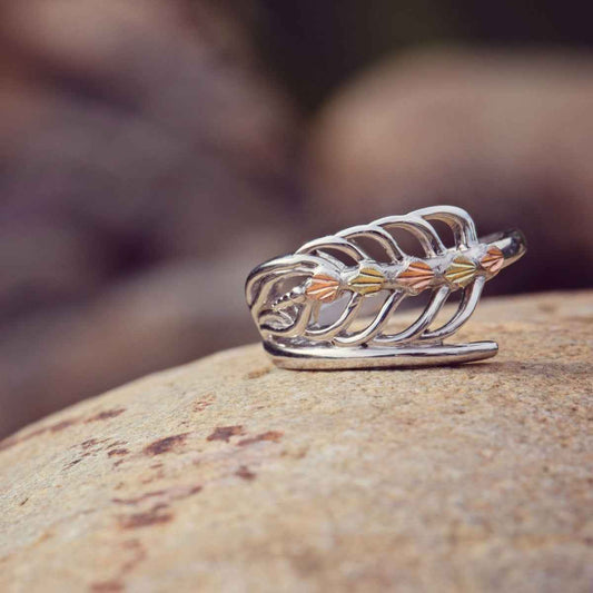 Black Hills Gold Open Leaf Bypass Ring in Sterling Silver close-up detail