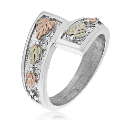 Black Hills Gold Pink & Green Leaf Bypass Ring in Sterling Silver front view