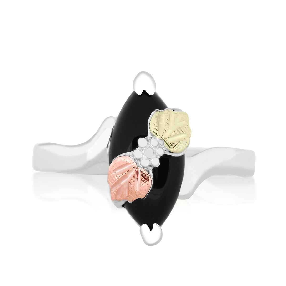 Black Hills Gold Marquise Onyx Double Leaf Ring in Sterling Silver front view