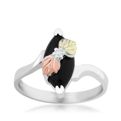 Black Hills Gold Marquise Onyx Double Leaf Ring in Sterling Silver