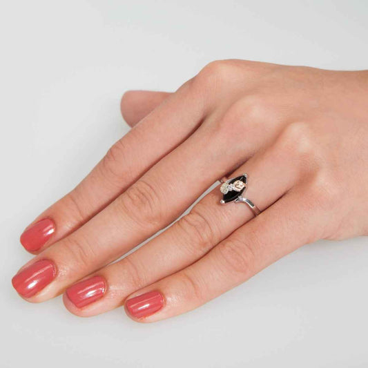 Black Hills Gold Marquise Onyx Double Leaf Ring in Sterling Silver close-up detail