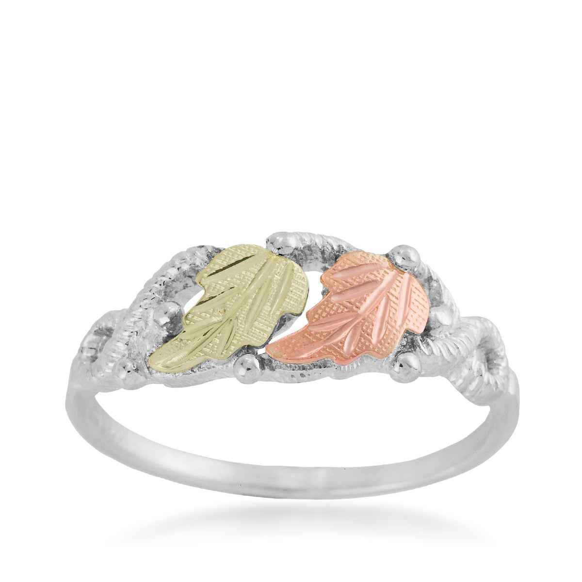 Black Hills Gold Rope Texture & Double Leaf Ring in Sterling Silver