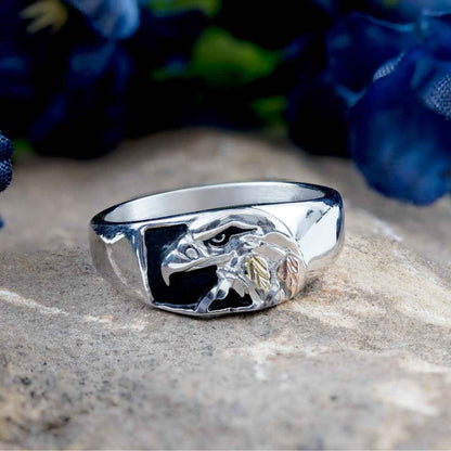 Black Hills Gold Men's Eagle Ring with Black Antiquing in Sterling Silver close-up detail