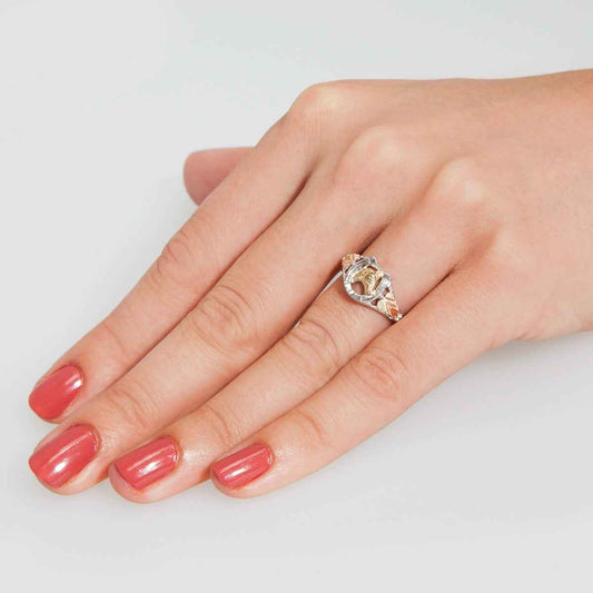 Black Hills Gold Horse & Horseshoe Ring in Sterling Silver & 10K Yellow Gold close-up detail
