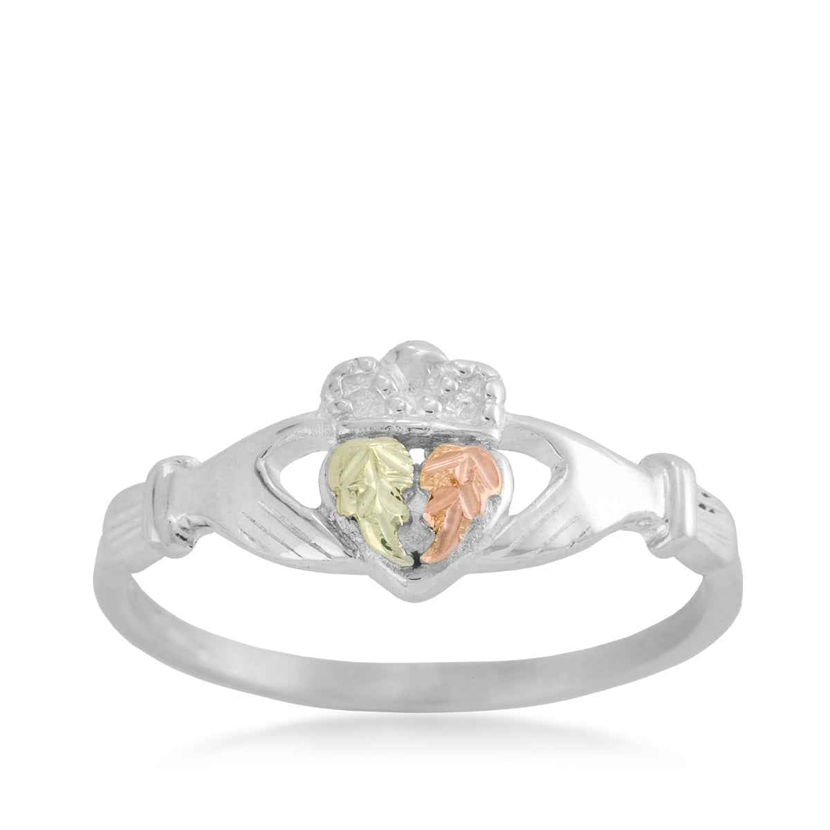 Black Hills Gold Pink & Green Leaf Claddagh Ring in Sterling Silver