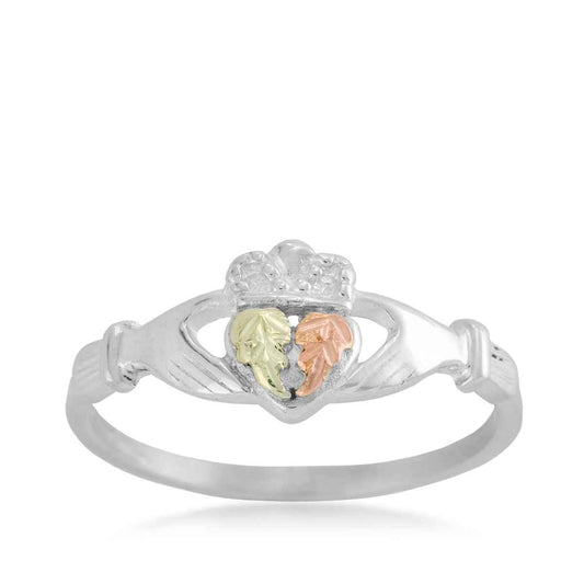 Black Hills Gold Pink & Green Leaf Claddagh Ring in Sterling Silver