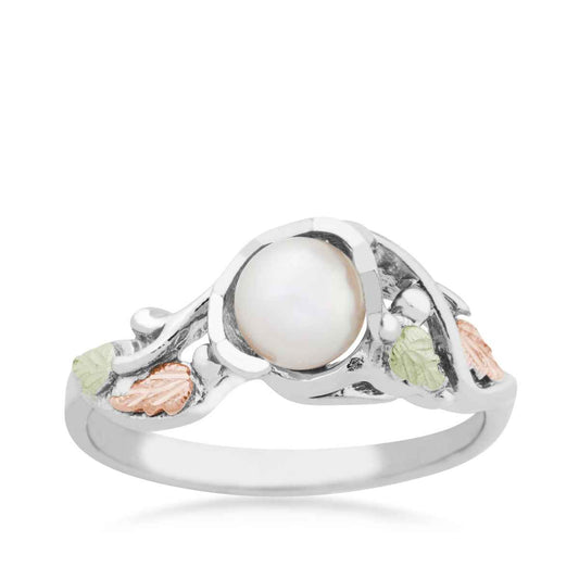 Black Hills Gold Cultured Freshwater Pearl Vine & Leaf Ring in Sterling Silver