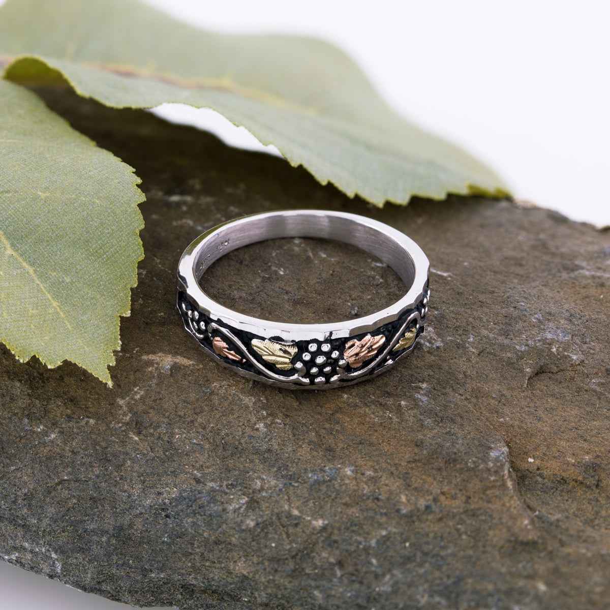 Black Hills Gold Grapevine & Leaf Ring with Black Antiquing in Sterling Silver front view