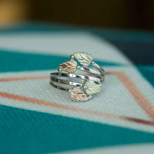 Black Hills Gold Four Leaf Bypass Ring in Sterling Silver close-up detail