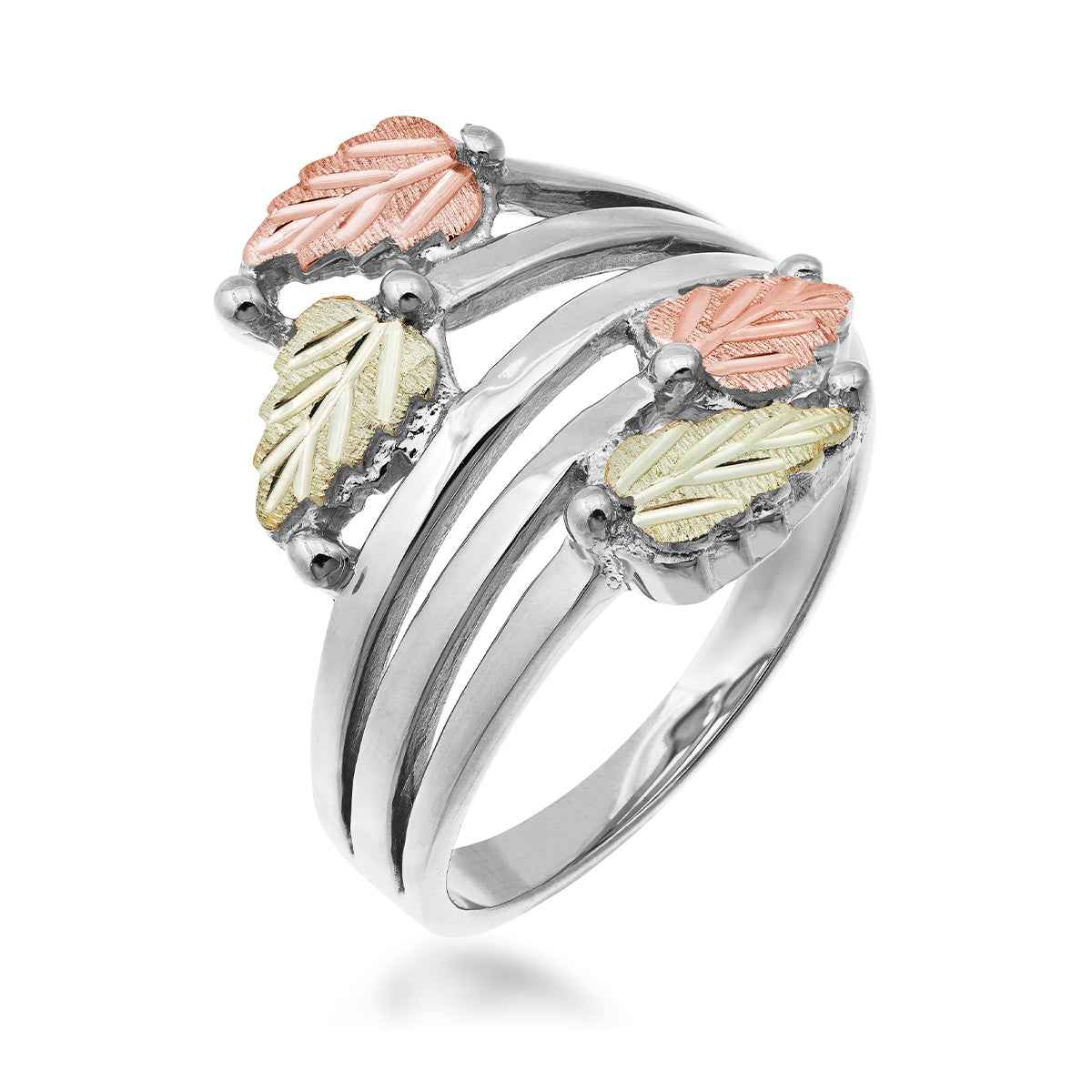 Black Hills Gold Four Leaf Bypass Ring in Sterling Silver front view
