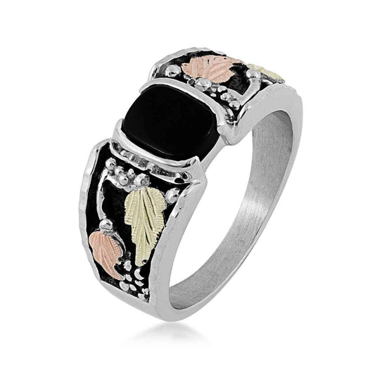 Black Hills Gold Men's Cushion Onyx Antiqued Ring in Sterling Silver front view