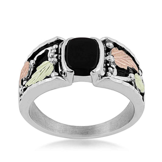 Black Hills Gold Men's Cushion Onyx Antiqued Ring in Sterling Silver