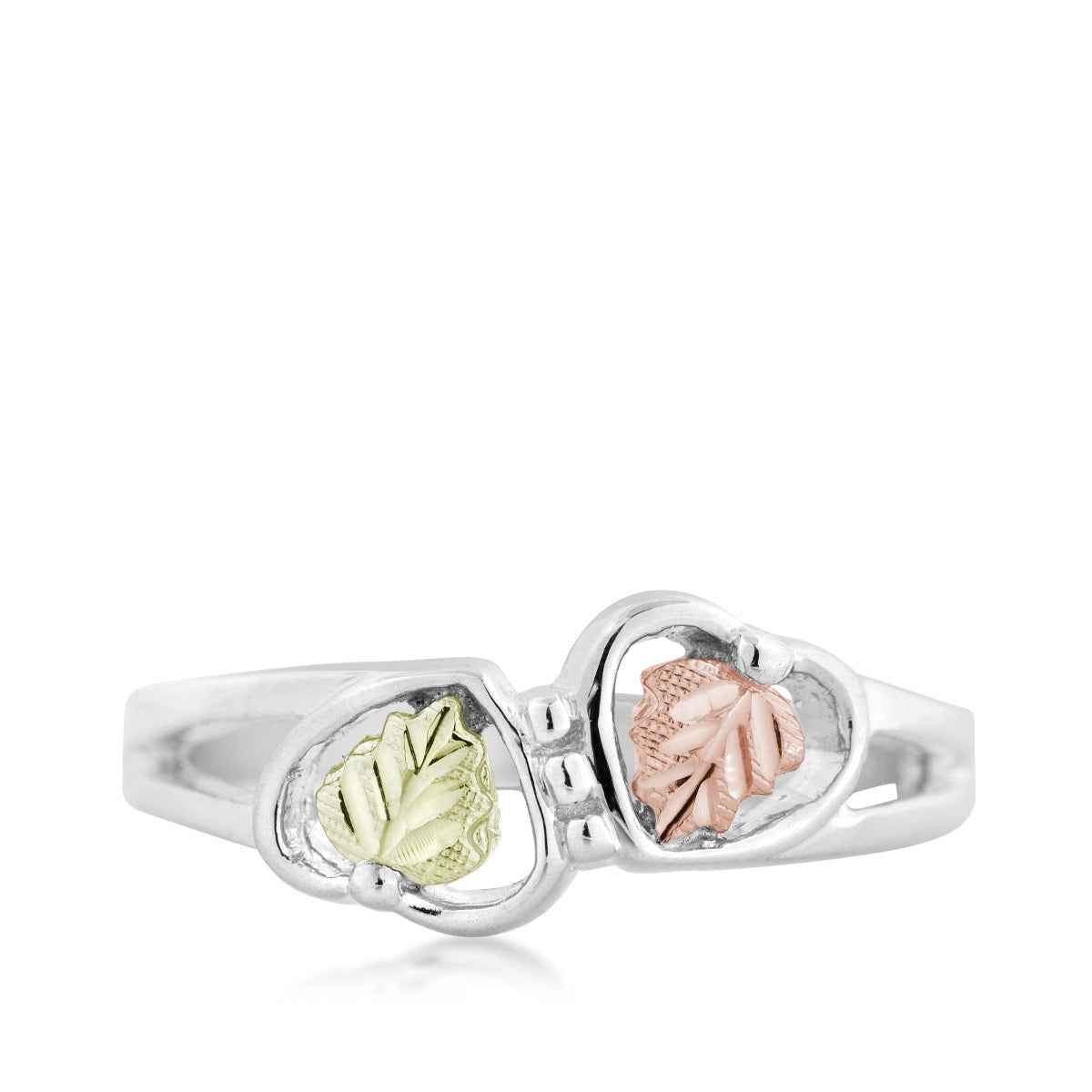 Black Hills Gold Double Heart & Leaf Ring in Sterling Silver front view