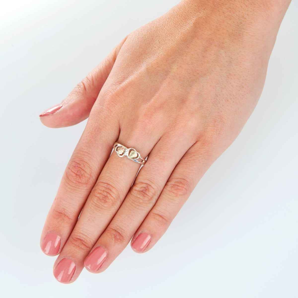 Black Hills Gold Double Heart & Leaf Ring in Sterling Silver close-up detail