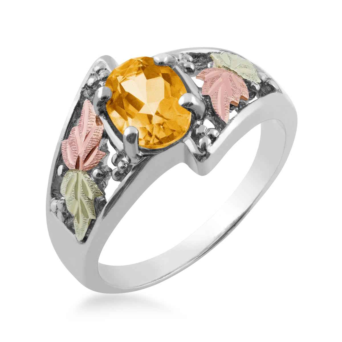 Black Hills Gold Oval Citrine & Leaf Ring in Sterling Silver front view